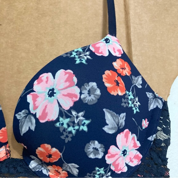 GILLY HICKS Floral Flowers Padded Push up Plunge Bra Navy Blue Pink Orange 34b - Picture 7 of 15